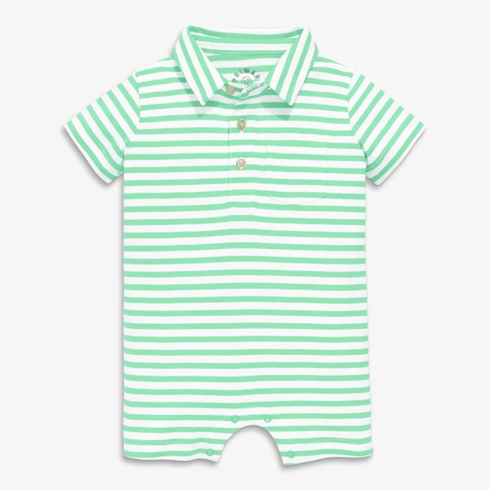 Primary Striped Green & White Polo Romper